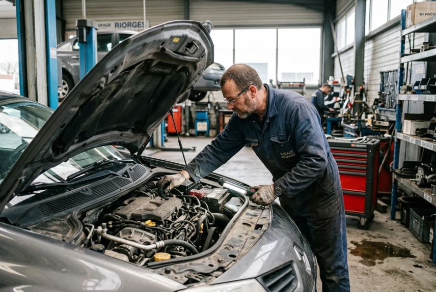 Vérification d'une voiture d'occasion dans l'atelier Gerossier à Roanne